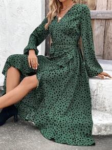 SHEIN Clasi 優雅女士波點圖案連衣裙 - 綠色 - 查看 3