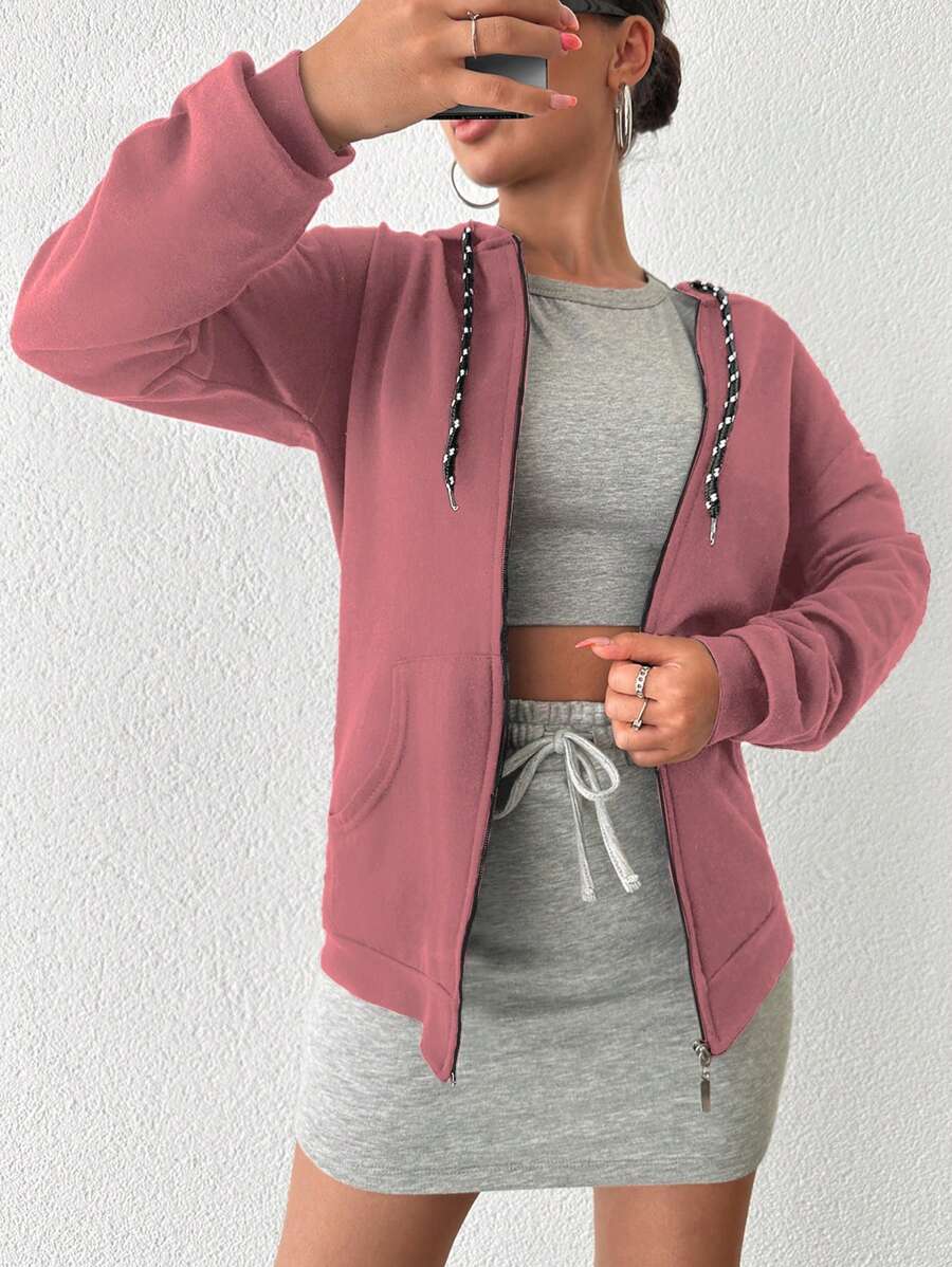SHEIN Cottnline 女款純色拉鍊寬鬆休閒衛衣 - 淺粉色 - 查看 1