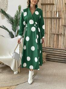 Women's Polka Dot Print Hidden Pocket Wrap Split Dress - Green - View 3