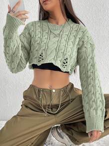 SHEIN Unity 女士短款綠色電纜紋毛衣 - 綠色 - 查看 7