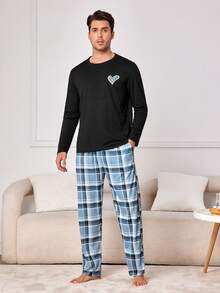 男士心形圖案和格紋印花家居服套裝 - 黑色 - 查看 5