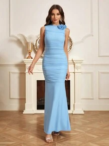 SHEIN Belle 3d Rose Petals & Pleated Design Mini Fish Tail Hem Women's Cocktail Dress - Baby Blue - View 4