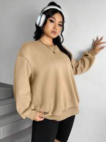 SHEIN EZwear 加大码套头卫衣，背面印有翅膀图案 - 卡其色 - 查看 4