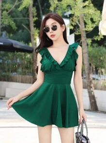 DAZY Ruffle Trim Dress Swimsuit For Summer Beach Vacation - Green - View 4