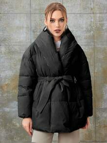 MIEGOFCE Women's Casual & Versatile Drop Shoulder Belt Winter Jacket - Black - View 4