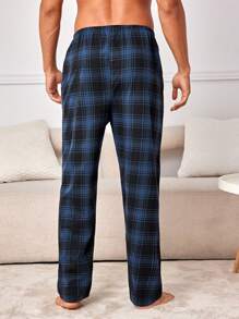Męskie spodnie do spania w kratę w kolorze królewskiego błękitu, z kieszeniami, z materiału o średniej elastyczności, wygodne, do noszenia w domu, na jesień
