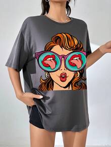 SHEIN EZwear Camiseta Holgada Con Estampado De Personajes Y Hombros Caídos - Gris Oscuro - Ver 4