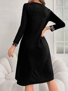 女式豹紋長袖睡衣連口袋 - 黑色 - 查看 2