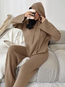 EURMUSE Kvinnors Enfärgad Huva Stickad Tröja 2st/set