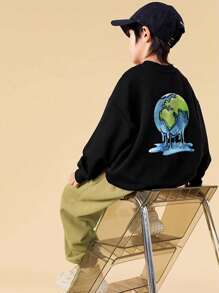 Tween Boy Cartoon Graphic Drop Shoulder Sweatshirt - Black - View 2