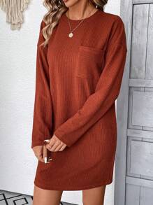 SHEIN LUNE Của phụ nữ Thả vai Đồ đan Ribbed Đầm - Màu Khaki - Xem 4