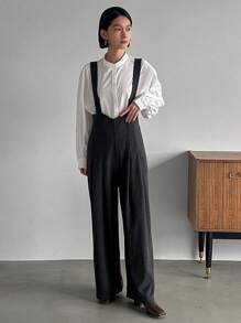 FRIFUL Women's Solid Color Wide Leg Overall Pants - Black - View 7