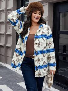 SHEIN Franclia Plus Size Geometric Printed Hooded Jacket - Blue - View 1