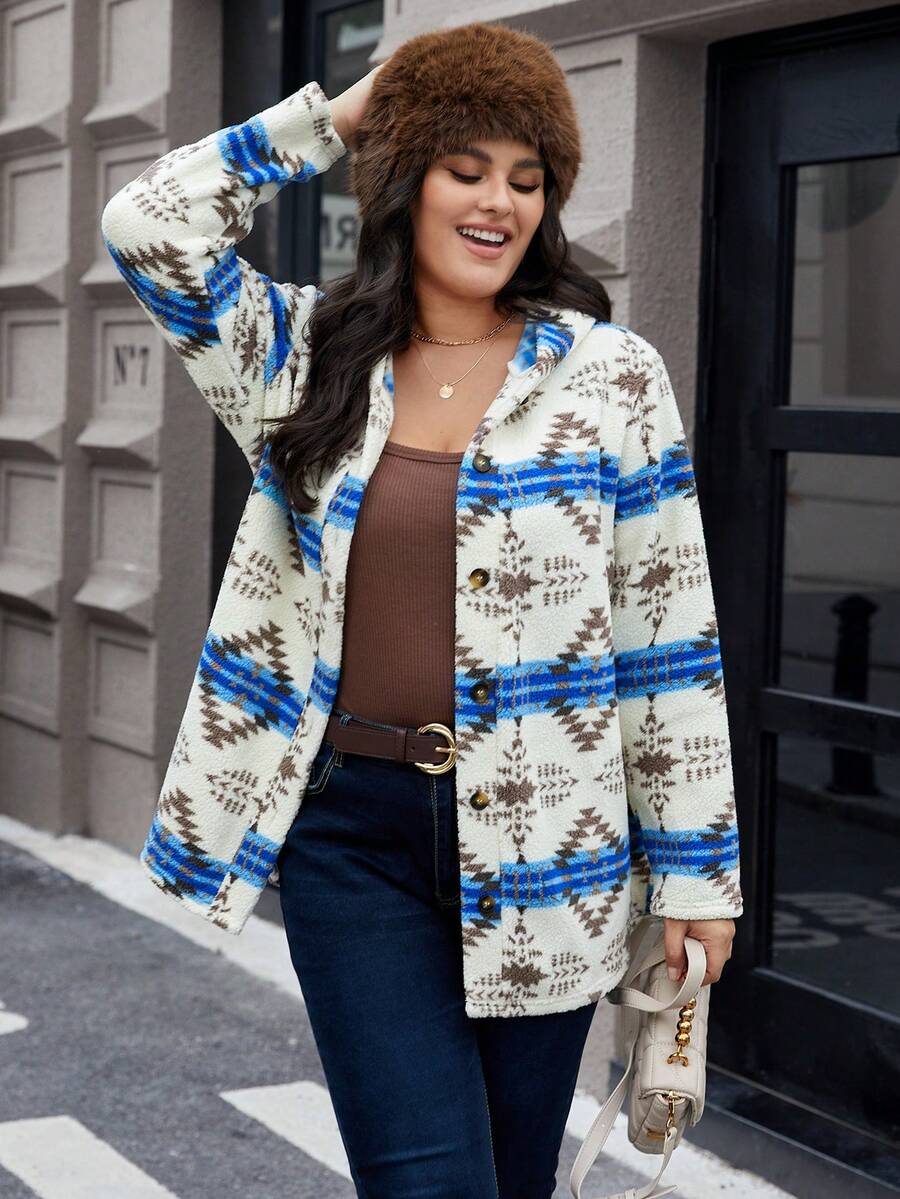 SHEIN Franclia Plus Size Geometric Printed Hooded Jacket - Blue - View 1