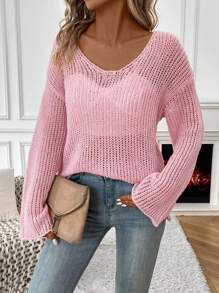 SHEIN Essnce Jersey De Punto Con Escote Caído Y Diseño De Agujeros - Rosa - Ver 1