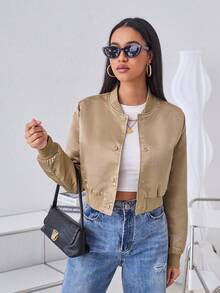 SHEIN Essnce Solid Button Front Jacket - Khaki - View 4