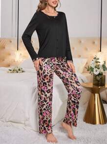 Women's Leopard Print & Butterfly Patterned Pajamas Set - Multicolor - View 5