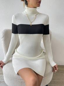 SHEIN Unity 女士彩色拼接高領毛衣連衣裙 - 白色 - 查看 3