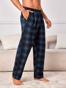Męskie spodnie do spania w kratę w kolorze królewskiego błękitu, z kieszeniami, z materiału o średniej elastyczności, wygodne, do noszenia w domu, na jesień