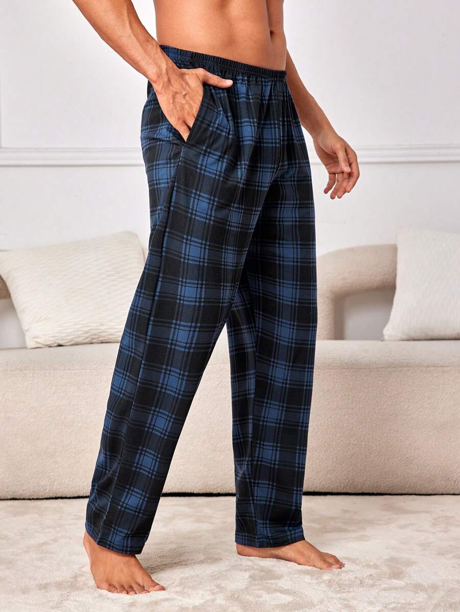 Męskie spodnie do spania w kratę w kolorze królewskiego błękitu, z kieszeniami, z materiału o średniej elastyczności, wygodne, do noszenia w domu, na jesień