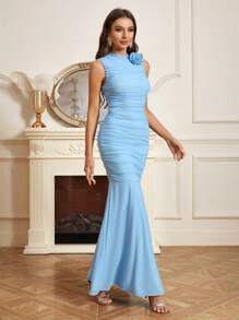 SHEIN Belle 3d Rose Petals & Pleated Design Mini Fish Tail Hem Women's Cocktail Dress - Baby Blue - View 1