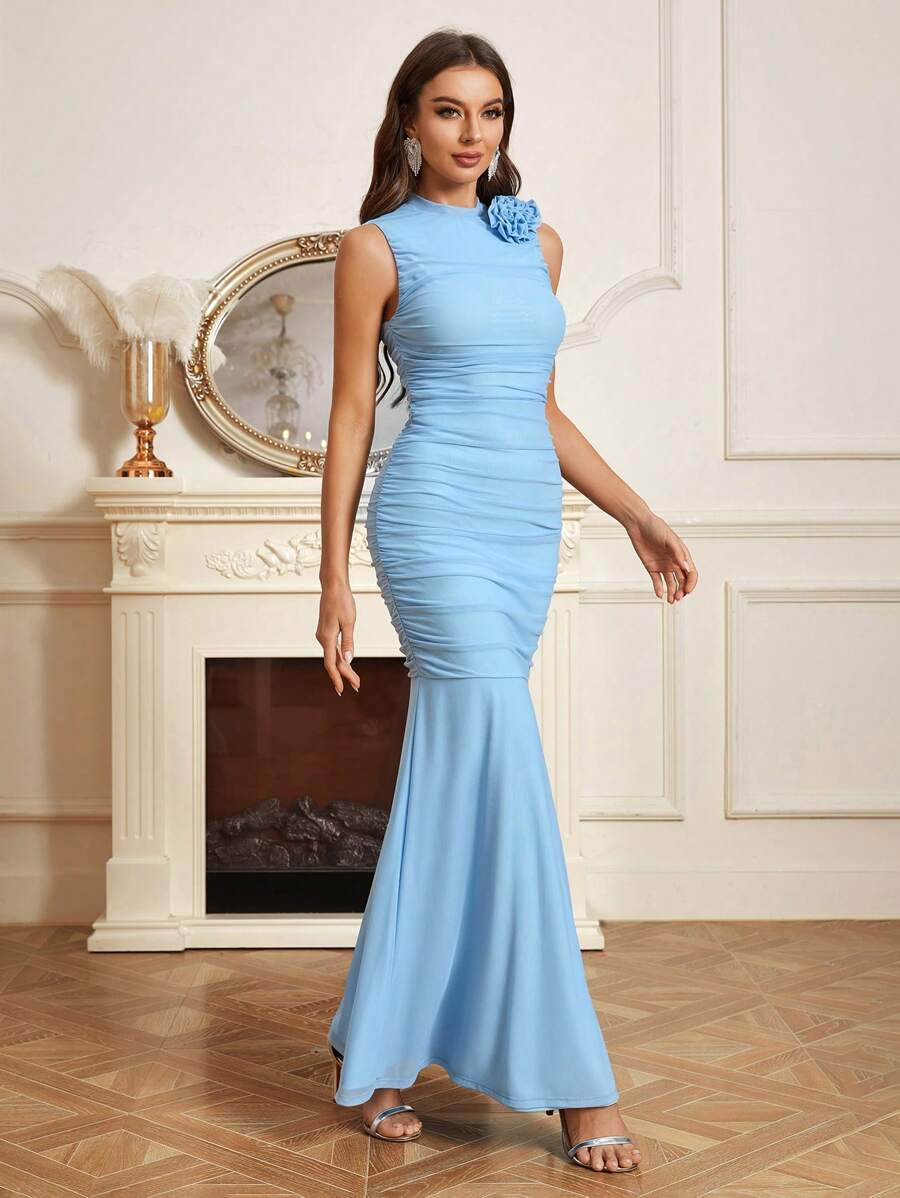 SHEIN Belle 3d Rose Petals & Pleated Design Mini Fish Tail Hem Women's Cocktail Dress - Baby Blue - View 1