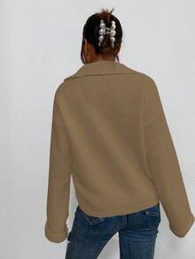 SHEIN Essnce Của phụ nữ Collared Thả vai Áo len - Lạc đà - Xem 2