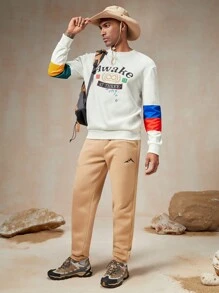 In My Nature 男士拼色刺繡信號戶外運動衛衣 - 米色 - 查看 6