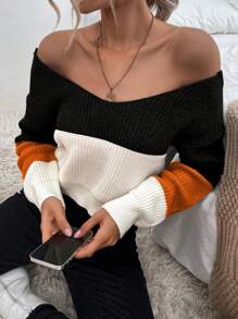 VaVaBold Jersey de punto con hombros descubiertos y espalda contrastante, tops de manga larga