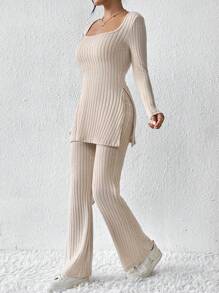 SHEIN Frenchy Solid Color Square Neck Split Ribbed T-Shirt And Pants Set Winter Casual Spring - Apricot - View 5