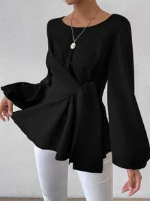 SHEIN Clasi Women's Round Neckline Waist-Cinching Lantern Sleeve Blouse Peplum Top Fall Cloth For Women - Black - View 1