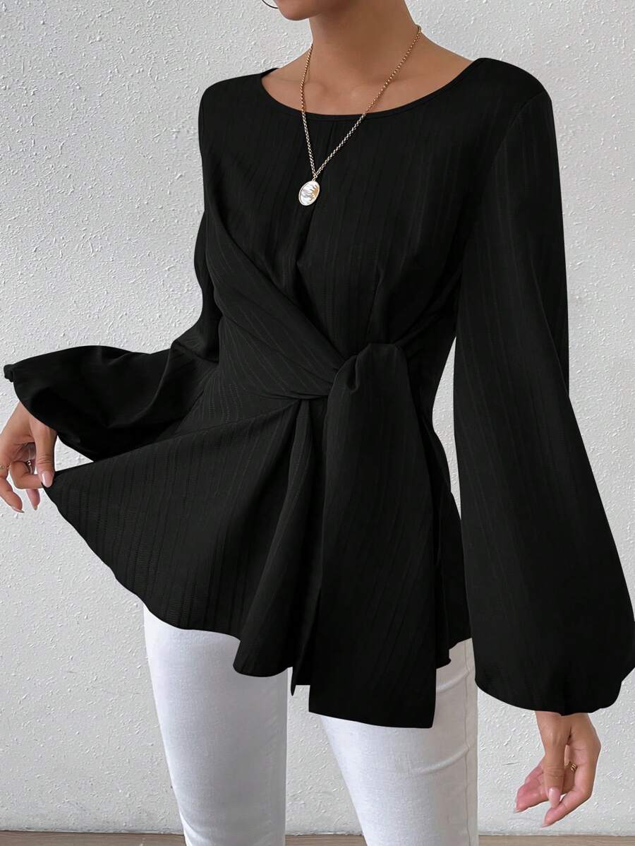 SHEIN Clasi Women's Round Neckline Waist-Cinching Lantern Sleeve Blouse Peplum Top Fall Cloth For Women - Black - View 1