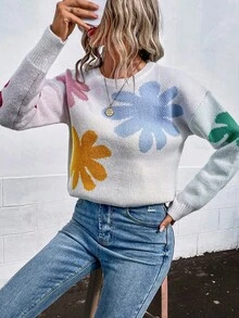SHEIN Essnce Women's Floral Pattern Drop Shoulder Sweater - Multicolor - View 6
