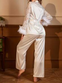 Slumberist Conjunto de pijama de mujer con detalles de encaje y parches de felpa, ropa de otoño e invierno cómoda y elegante - Blanco - Ver 2