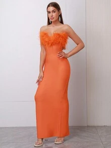 Modphy Váy dạ hội tiệc cưới nữ thanh lịch quyến rũ không tay trễ vai hở lưng dáng dài đính lông giả - trái cam - Xem 7