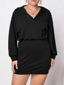 SHEIN Essnce 大尺碼女式連帽束腰裙 - 黑色 - 查看 5