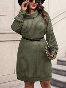 SHEIN LUNE 大尺碼女士高領針織釦扣連衣裙 - 軍綠色 - 查看 6