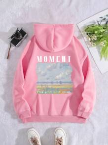 SHEIN EZwear 女士大尺碼字母和天空印花連帽衫,帶束繩 - 西瓜粉 - 查看 1