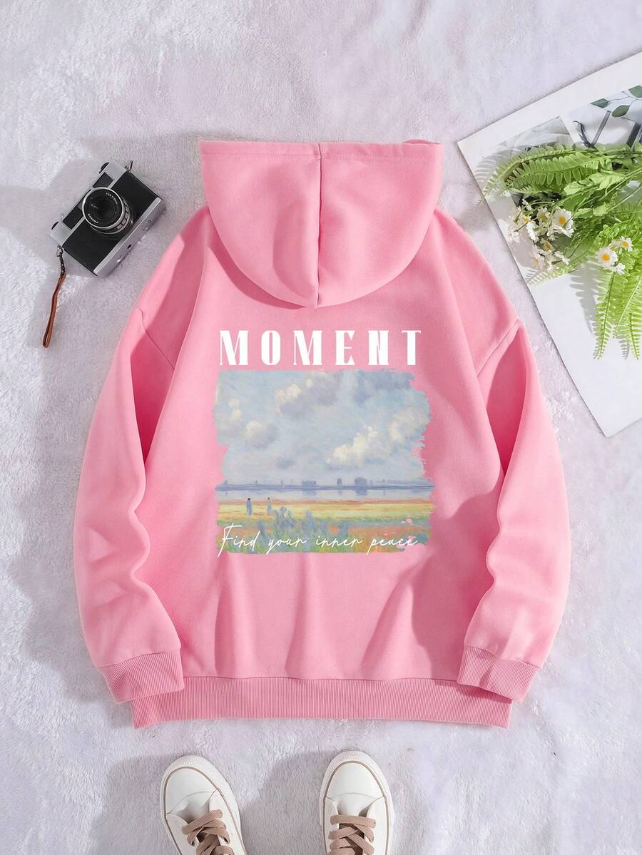 SHEIN EZwear 女士大尺碼字母和天空印花連帽衫,帶束繩 - 西瓜粉 - 查看 1