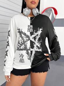 SHEIN Coolane Camiseta De Talla Grande Para Mujer Con Estrellas De Contraste Y Caracteres Chinos Impresos - Multicolor - Ver 5