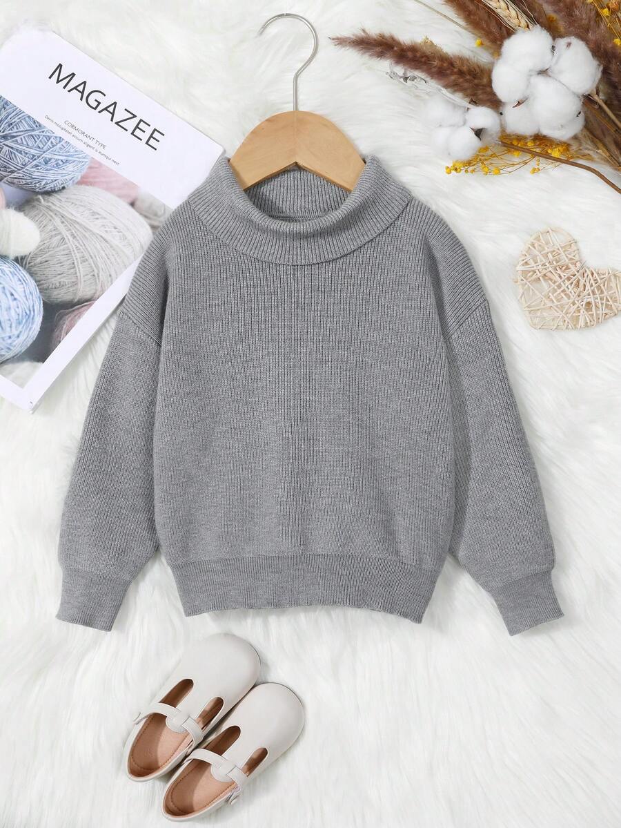 SHEIN Áo len cổ cao tay trễ vai cho bé gái - Xám - Xem 1