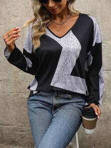 SHEIN LUNE Ladies' Color Block Long Sleeve T-shirt - Black - View 5