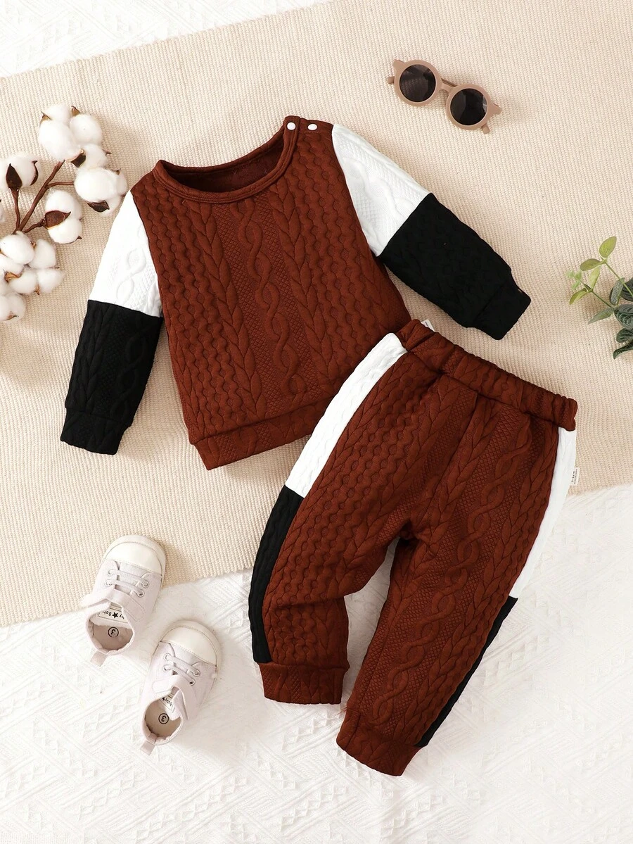 嬰幼兒中性休閒厚肩扣釦套裝,三色拼接和提花織物,適用於秋冬季節 - 棕色 - 查看 1