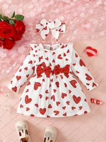 嬰幼兒女童長袖心形印花裙 - 彩色 - 查看 1