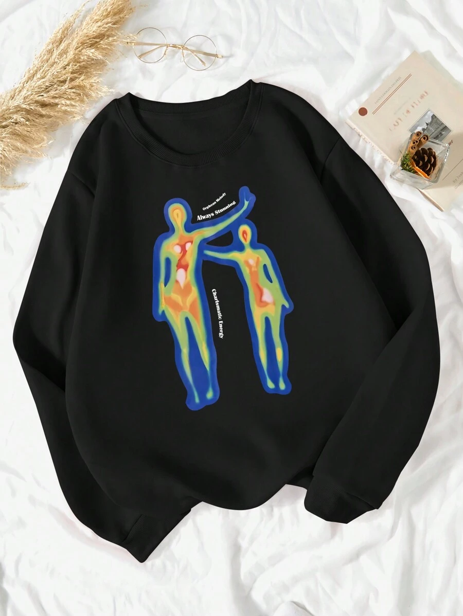 SHEIN EZwear Của phụ nữ Áo nỉ Với Slogan Và Cơ thể In - màu đen - Xem 1