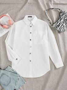 SHEIN EZwear 女用泰迪熊字母印花襯衫 - 白色 - 查看 2