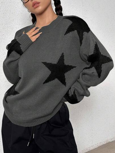 SHEIN Unity Women's Loose Star Printed Drop Shoulder Sweater Knit Pullover Fall Winter Outfit