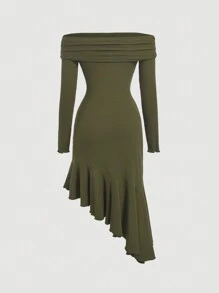SHEIN MOD Women's Off Shoulder Asymmetric Hem Dress - Army Green - View 2