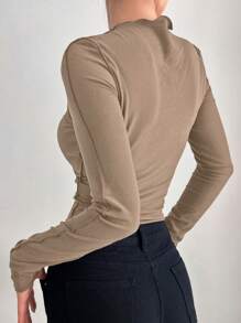 DAZY Long Sleeve Half Turtleneck Solid Color Thermal T-Shirt,Fall Clothes - Khaki - View 5