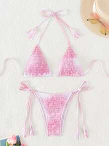 SHEIN Swim Ensemble de maillot de bain femme avec encolure à bretelles et Top séparé, idéal pour les festivals musicaux en été - Rose bonbon - Voir 3
